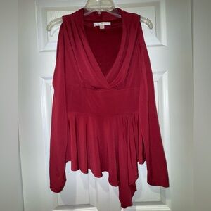 BOSTON PROPER Burgundy V-Neck Cold Shoulder Fit Fare Peplum Blouse Size M GUC